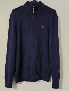 Polo by Ralph Lauren Navy Quarter-Zip Sweater with Red Pony Logo Mens Size Small